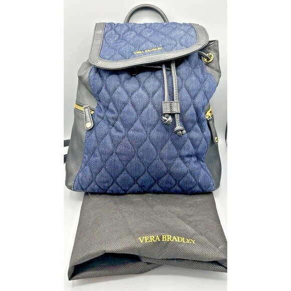 Vera Bradley Handbags - VERA BRADLEY Genuine Black Leather & Navy Denim Backpack - Perfect Condition